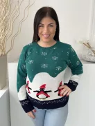 Boohoo (M) Zöldeskék-Fehér Hópehely és Pingvin Mintás Kerek Nyakú, Kötött Pulóver