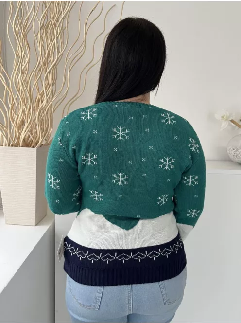 Boohoo (M) Zöldeskék-Fehér Hópehely és Pingvin Mintás Kerek Nyakú, Kötött Pulóver