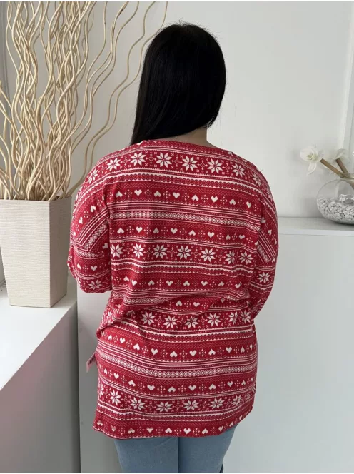 Dunnes (M) Piros Fehér Mintás, V Nyakú Oldalt Sliccelt, Pizsama Felső