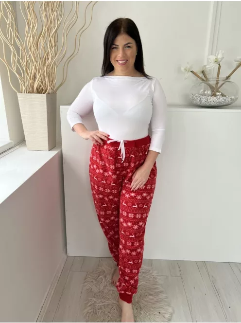  (XXL) Piros Fehér Hópehely és Rénszarvas Mintás Szőrös Alapanyagú, Pizsama Nadrág