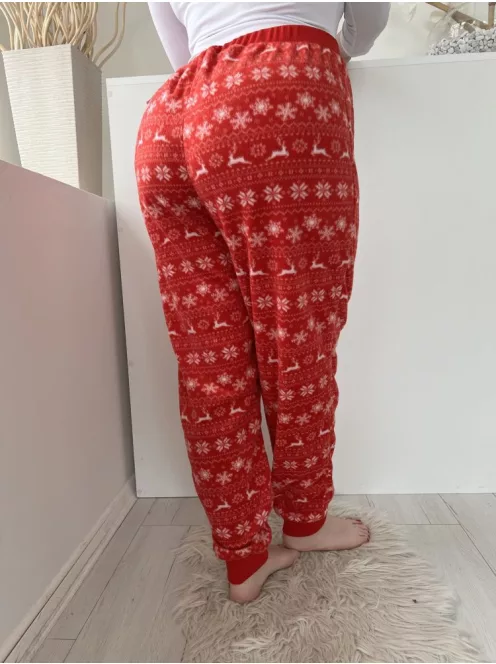  (XXL) Piros Fehér Hópehely és Rénszarvas Mintás Szőrös Alapanyagú, Pizsama Nadrág
