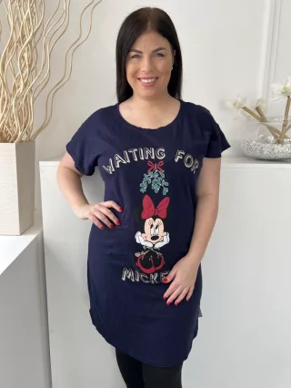    (M) Sötétkék Minnie Egér Mintás, 100% Pamut Alapanyagú Oldalt Sliccelt, Pizsama Ruha