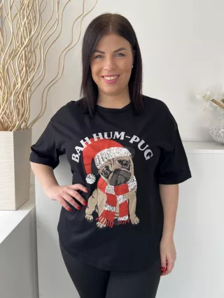   F&F (M) Fekete Mopsz Mintás, Kerek Nyakú 100% Pamut Alapanyagú Póló