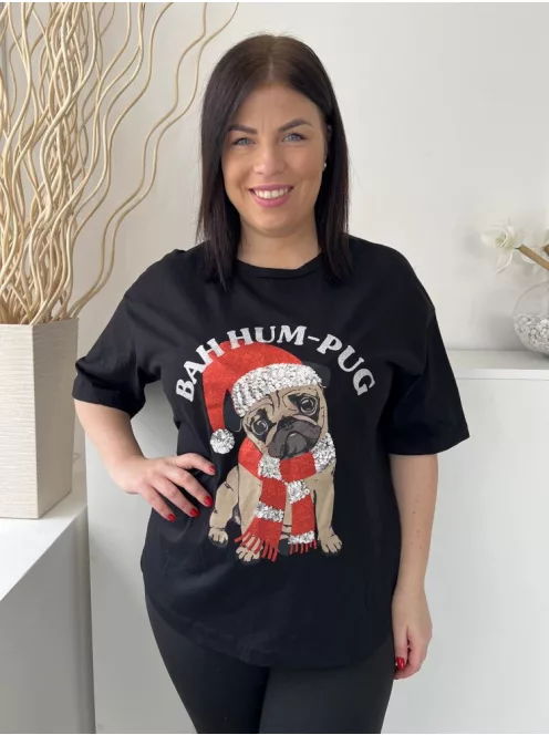 F&F (M) Fekete Mopsz Mintás, Kerek Nyakú 100% Pamut Alapanyagú Póló