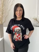 F&F (M) Fekete Mopsz Mintás, Kerek Nyakú 100% Pamut Alapanyagú Póló