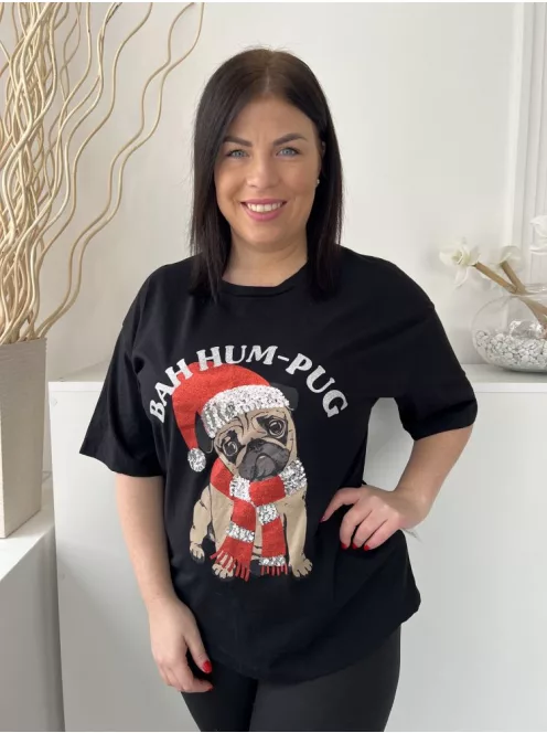 F&F (M) Fekete Mopsz Mintás, Kerek Nyakú 100% Pamut Alapanyagú Póló