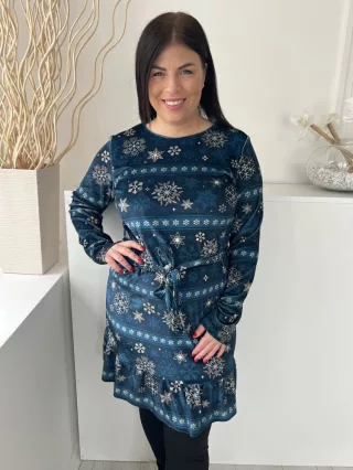   Flawless (M) Sötétkék Barna Hpehely Mintás, Derékban Megköthető Fodros Aljú, Tükörbársony Ruha