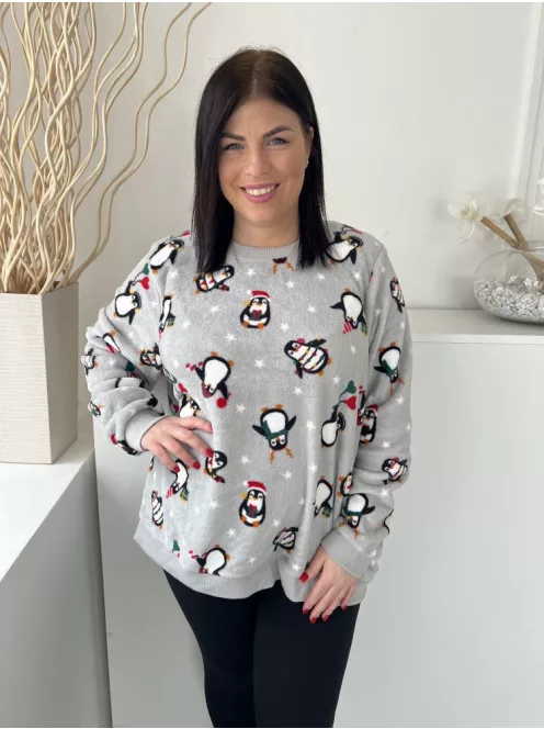 Dunnes (XXL) Szürke Pingvin Mintás, Kellemes Plüss Alapanyagú Kerek Nyakú, Pizsama Felső