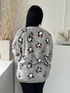 Dunnes (XXL) Szürke Pingvin Mintás, Kellemes Plüss Alapanyagú Kerek Nyakú, Pizsama Felső