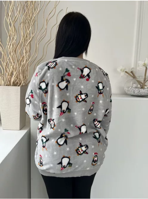 Dunnes (XXL) Szürke Pingvin Mintás, Kellemes Plüss Alapanyagú Kerek Nyakú, Pizsama Felső