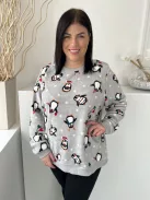 Dunnes (XXL) Szürke Pingvin Mintás, Kellemes Plüss Alapanyagú Kerek Nyakú, Pizsama Felső