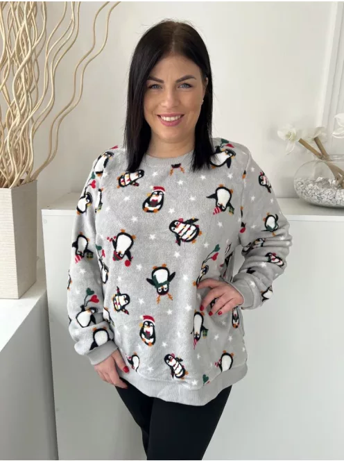 Dunnes (XXL) Szürke Pingvin Mintás, Kellemes Plüss Alapanyagú Kerek Nyakú, Pizsama Felső