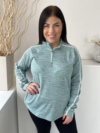   Dunnes (L) Tűrkíz Cirmosmintás, Nyakánál Cipzáros Zsebes, Ujján Fehér Díszcsíkos, Kerekített Aljú Felső