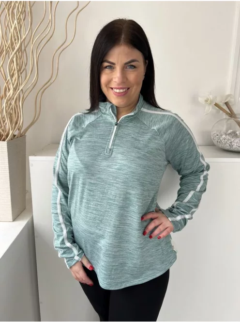 Dunnes (L) Tűrkíz Cirmosmintás, Nyakánál Cipzáros Zsebes, Ujján Fehér Díszcsíkos, Kerekített Aljú Felső