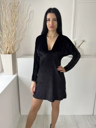   Asos (S) Fekete Ragasztott Díszpöttyös, Mélykivágású Denevér Ujjú, Tükörbársony Ruha