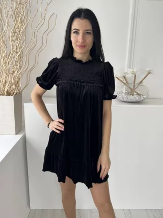   H&M (S) Fekete Mellnél Darázsolt, Buggyos Ujjú Fodros Aljú, Tükörbársony Ruha