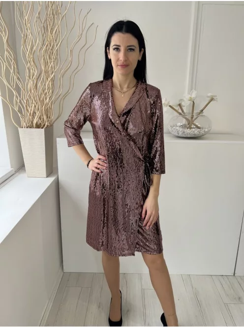 ÚJ Next (M) Rosegold Csillogó Ragasztott Flitteres Átlapolt, Oldalt Megkötős, Galléros Ruha