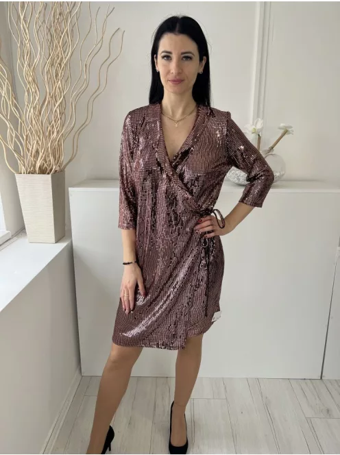 ÚJ Next (M) Rosegold Csillogó Ragasztott Flitteres Átlapolt, Oldalt Megkötős, Galléros Ruha