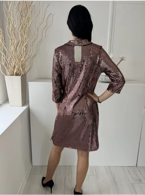 ÚJ Next (M) Rosegold Csillogó Ragasztott Flitteres Átlapolt, Oldalt Megkötős, Galléros Ruha