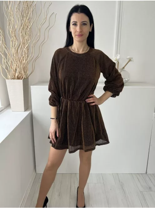 Shein (XS) Bronz Sűrű Csillogó Pöttyös, Hátul Nyakban Gombos Gumisderekú, Hátul Nyitott Ruha