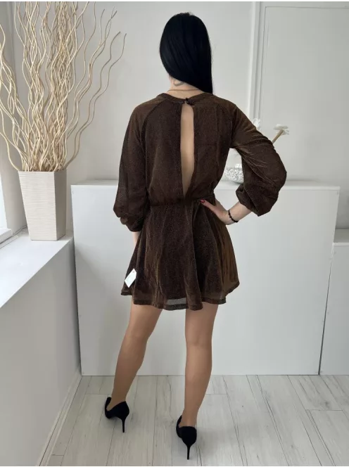 Shein (XS) Bronz Sűrű Csillogó Pöttyös, Hátul Nyakban Gombos Gumisderekú, Hátul Nyitott Ruha