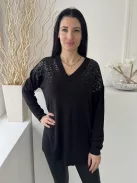 ÚJ Peacocks (M) Fekete Felül Csillogó Flitteres, V Kivágású Oldalt Sliccelt, Gépikötött Felső