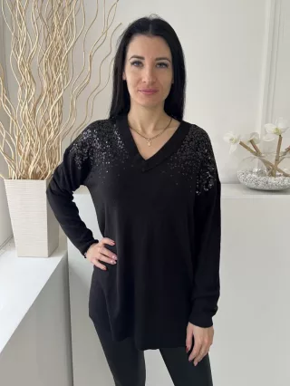   ÚJ Peacocks (M) Fekete Felül Csillogó Flitteres, V Kivágású Oldalt Sliccelt, Gépikötött Felső