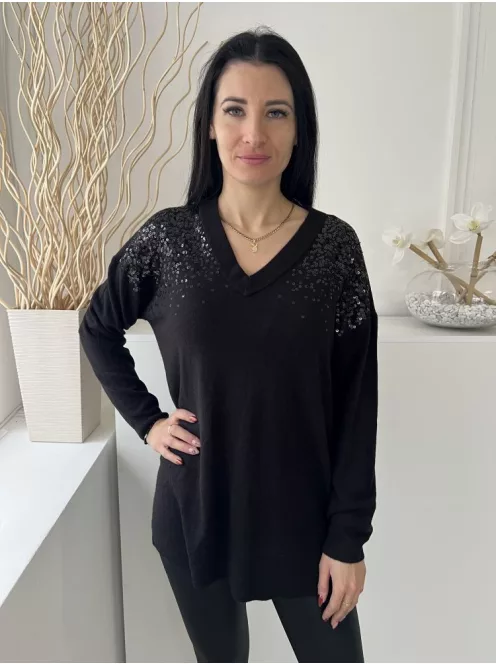 ÚJ Peacocks (M) Fekete Felül Csillogó Flitteres, V Kivágású Oldalt Sliccelt, Gépikötött Felső