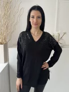 ÚJ Peacocks (M) Fekete Felül Csillogó Flitteres, V Kivágású Oldalt Sliccelt, Gépikötött Felső