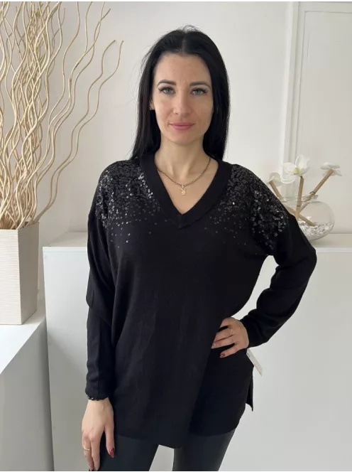 ÚJ Peacocks (M) Fekete Felül Csillogó Flitteres, V Kivágású Oldalt Sliccelt, Gépikötött Felső