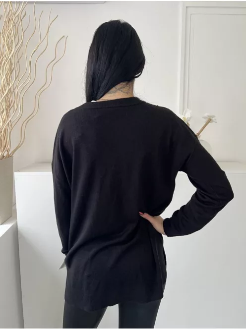 ÚJ Peacocks (M) Fekete Felül Csillogó Flitteres, V Kivágású Oldalt Sliccelt, Gépikötött Felső