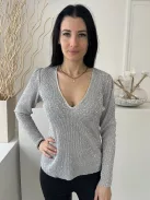 ÚJ Savida (S) Ezüst Anyagában Csillogós, Flitteres Mélykivágású, Buggyos Vállú Felső