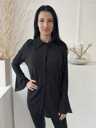   F&F (M) Fekete Elől Végig Gombos, Csillogó Aranyszálas Galléros, Oldalt Sliccelt, Tölcsér Ujjú Felső