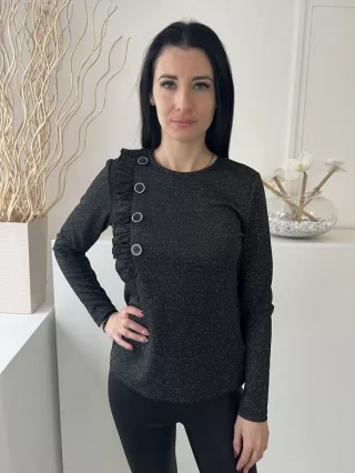   Savida (M) Fekete Anyagában Ezüst Szálas, Díszfodros és Gombos Kerek Nyakú Felső