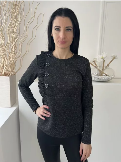 Savida (M) Fekete Anyagában Ezüst Szálas, Díszfodros és Gombos Kerek Nyakú Felső