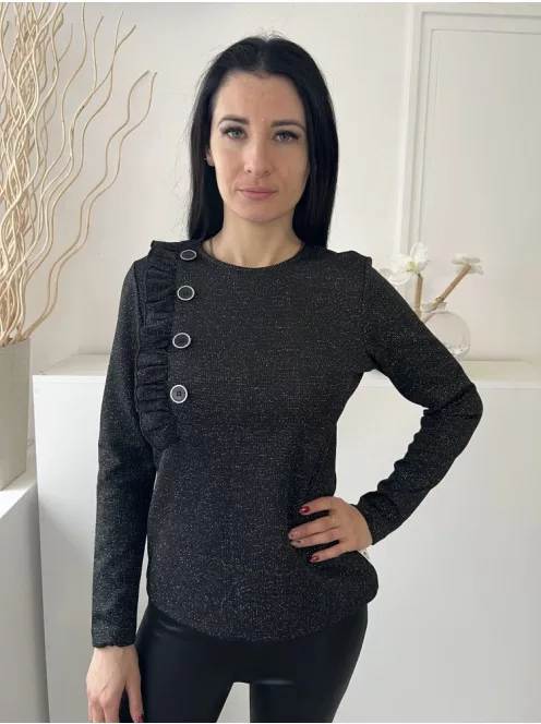 Savida (M) Fekete Anyagában Ezüst Szálas, Díszfodros és Gombos Kerek Nyakú Felső