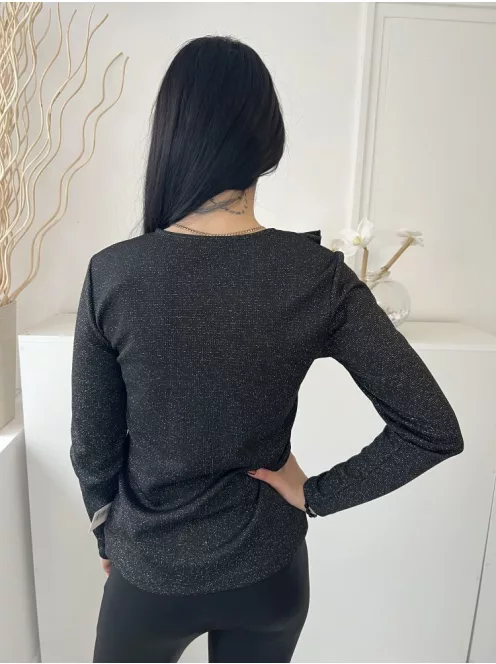 Savida (M) Fekete Anyagában Ezüst Szálas, Díszfodros és Gombos Kerek Nyakú Felső