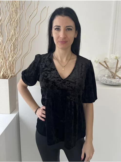 ÚJ Dunnes (S) Fekete Derékban Szabott, Buggyos Ujjú V Kivágású, Tükörbársony Felső