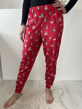   Dunnes (XS) Piros Tükörbársony Mintás, Gumisderekú, Pizsama Nadrág