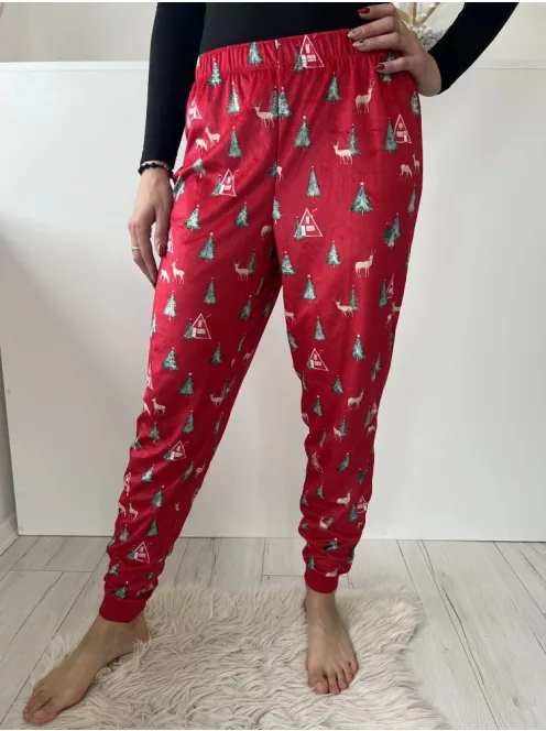 Dunnes (XS) Piros Tükörbársony Mintás, Gumisderekú, Pizsama Nadrág