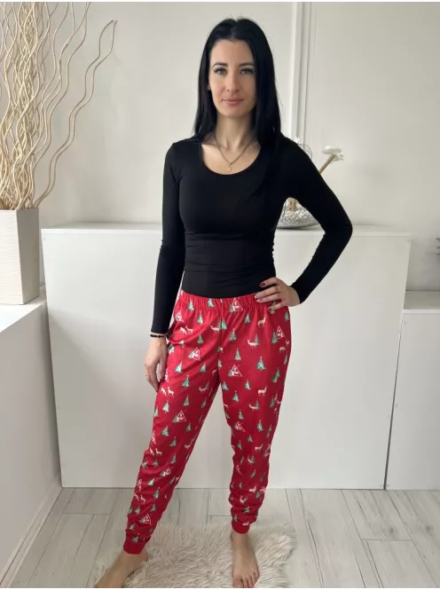 Dunnes (XS) Piros Tükörbársony Mintás, Gumisderekú, Pizsama Nadrág