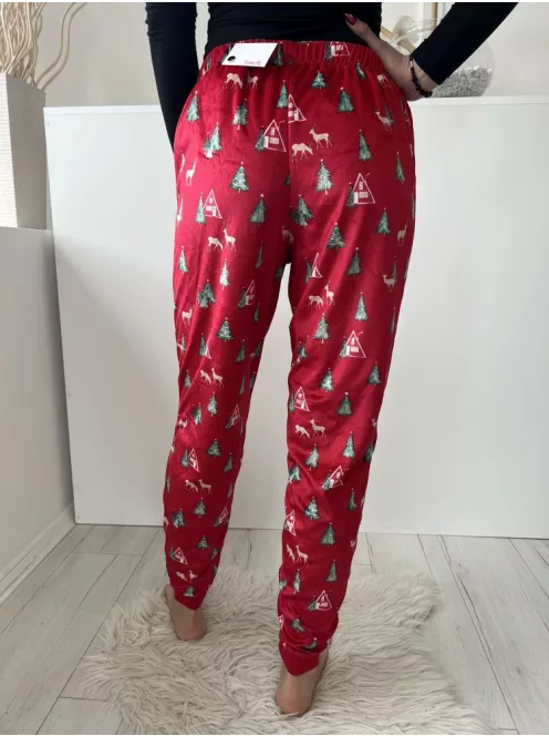 Dunnes (XS) Piros Tükörbársony Mintás, Gumisderekú, Pizsama Nadrág