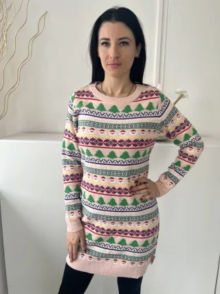   Boohoo (S) Rózsaszín Apró Mintás Kötött, Kereknyakú Ruha