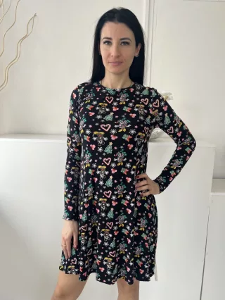    (S) Fekete Apró Karácsonyi Mintás Vékony Anyagú, Kereknyakú Ruha