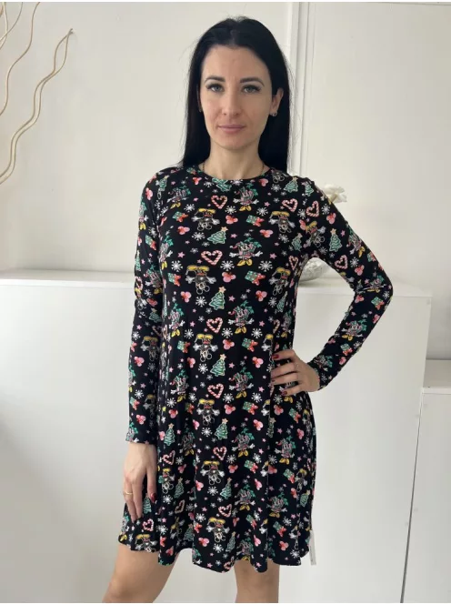  (S) Fekete Apró Karácsonyi Mintás Vékony Anyagú, Kereknyakú Ruha