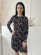  (S) Fekete Apró Karácsonyi Mintás Vékony Anyagú, Kereknyakú Ruha