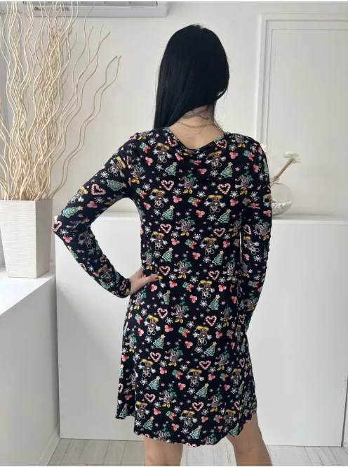  (S) Fekete Apró Karácsonyi Mintás Vékony Anyagú, Kereknyakú Ruha