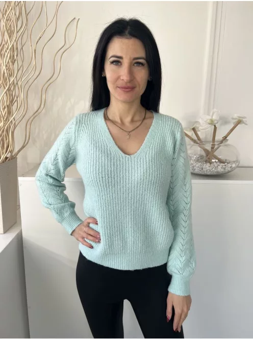 Dunnes (S) Mentazöld Anyagában Mintás, V Kivágású Vastag Kötött Anyagú Pulóver