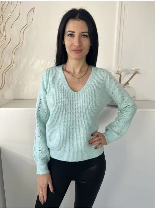 Dunnes (S) Mentazöld Anyagában Mintás, V Kivágású Vastag Kötött Anyagú Pulóver