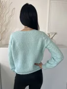 Dunnes (S) Mentazöld Anyagában Mintás, V Kivágású Vastag Kötött Anyagú Pulóver